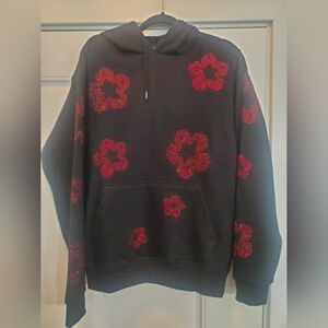 Black Hoodie with Red Floral Gem Design